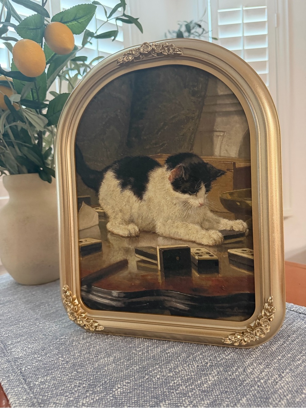 11x14 Victorian vintage Inspired painting of a Cat playing gold arched frame